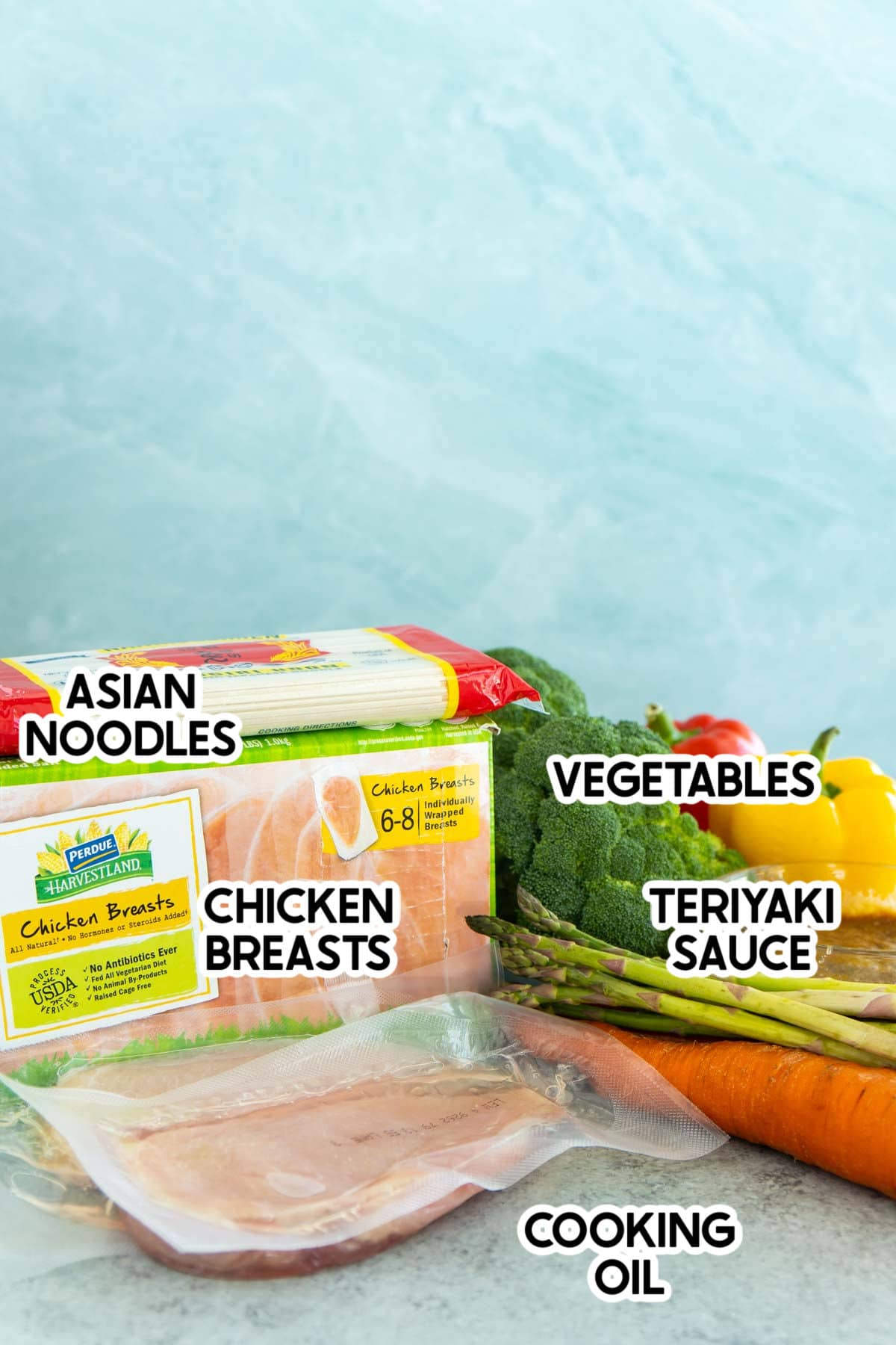 Ingredients needed to make teriyaki chicken stir fry with labels