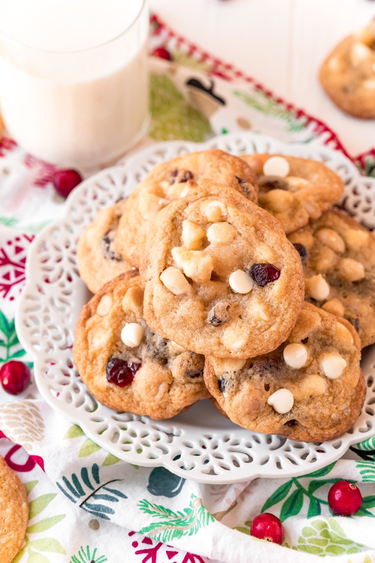 A pile of white chocolate cranberry cookies