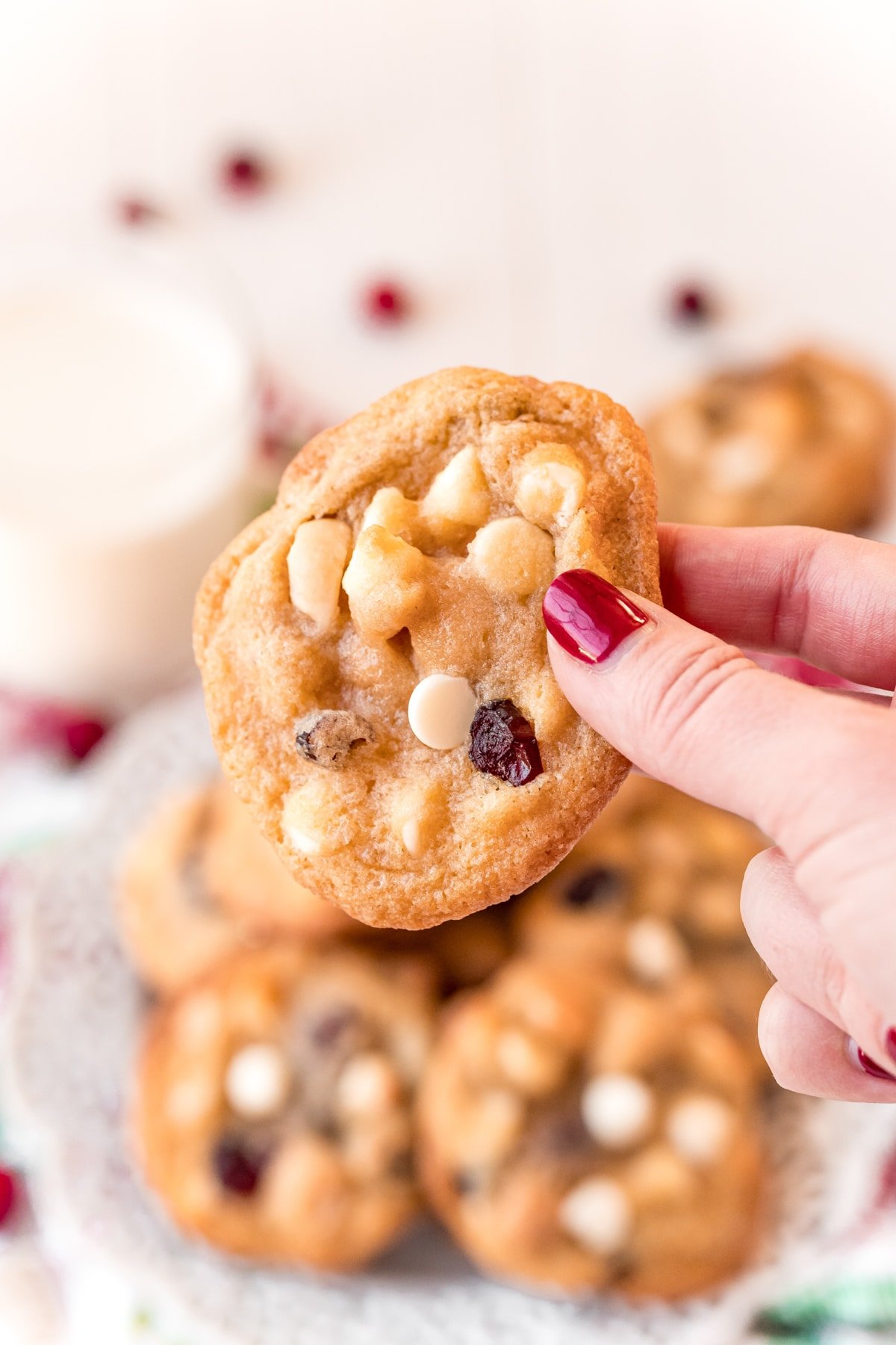 Woman's hand holding a white chocolate cranberry cookie
