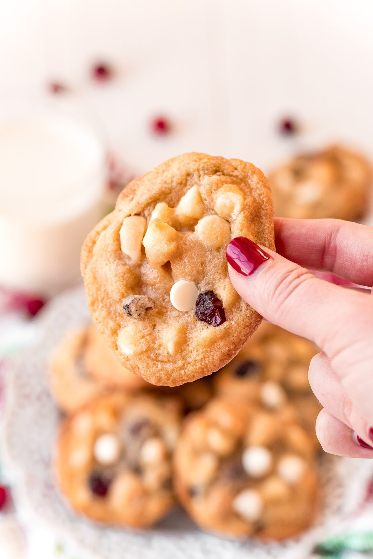 Woman's hand holding a white chocolate cranberry cookie