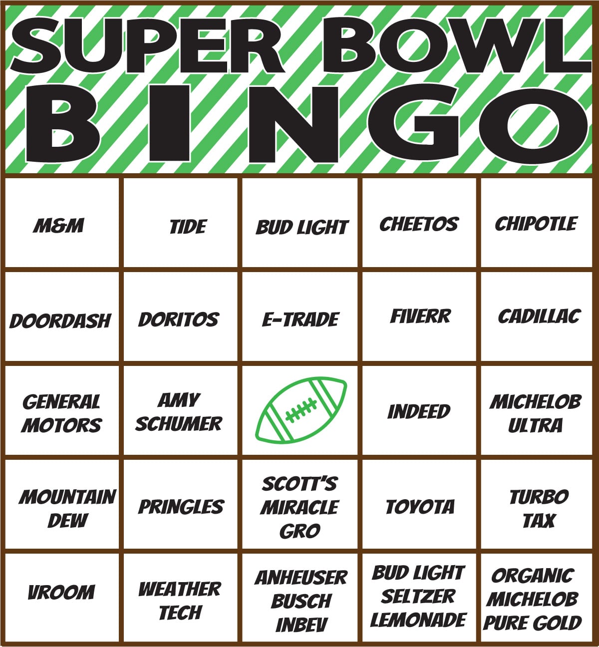 Free Printable 2021 Super Bowl Commercial Bingo Play Party Plan
