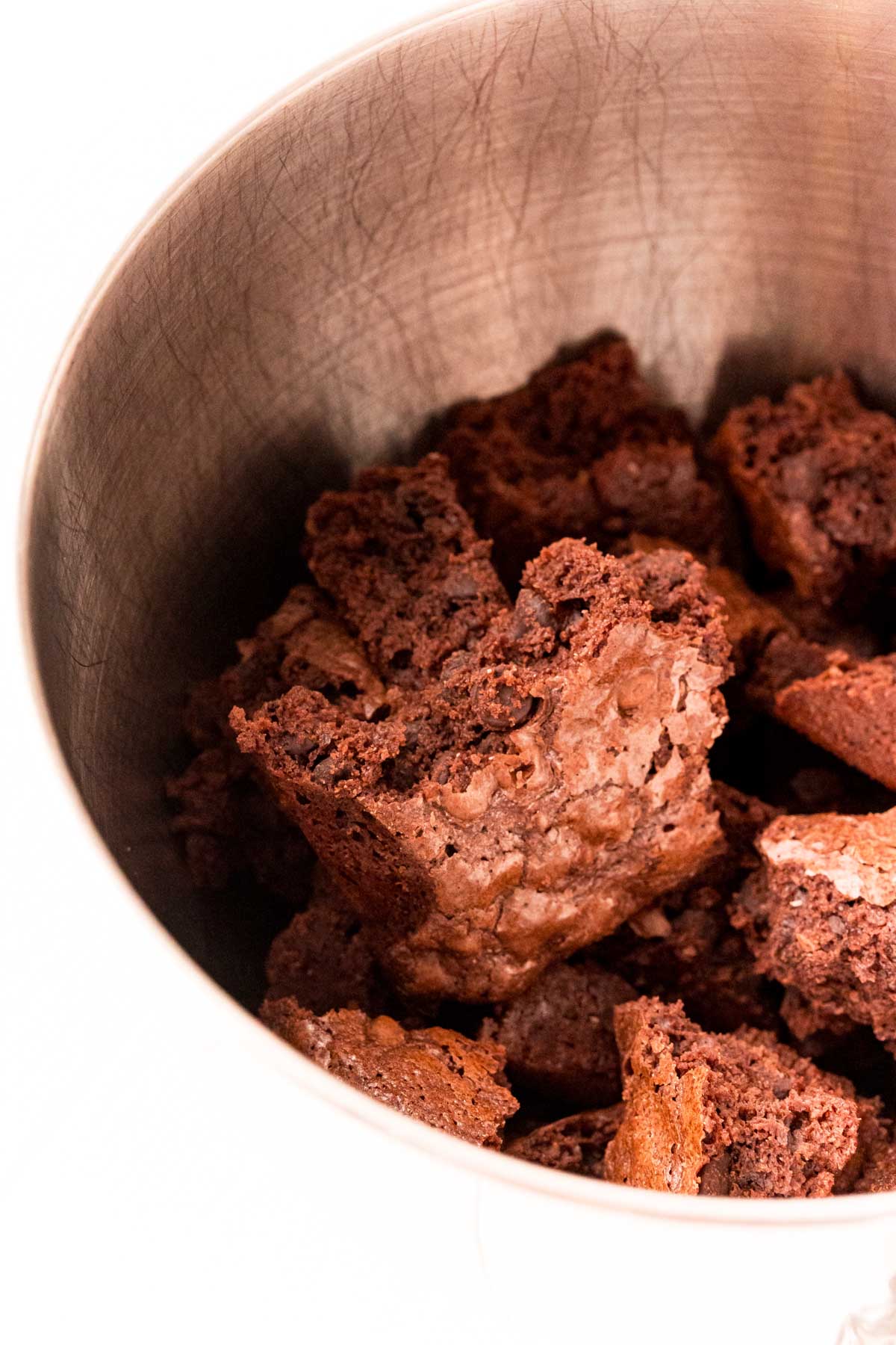 Brownie chunks in a mixing bowl
