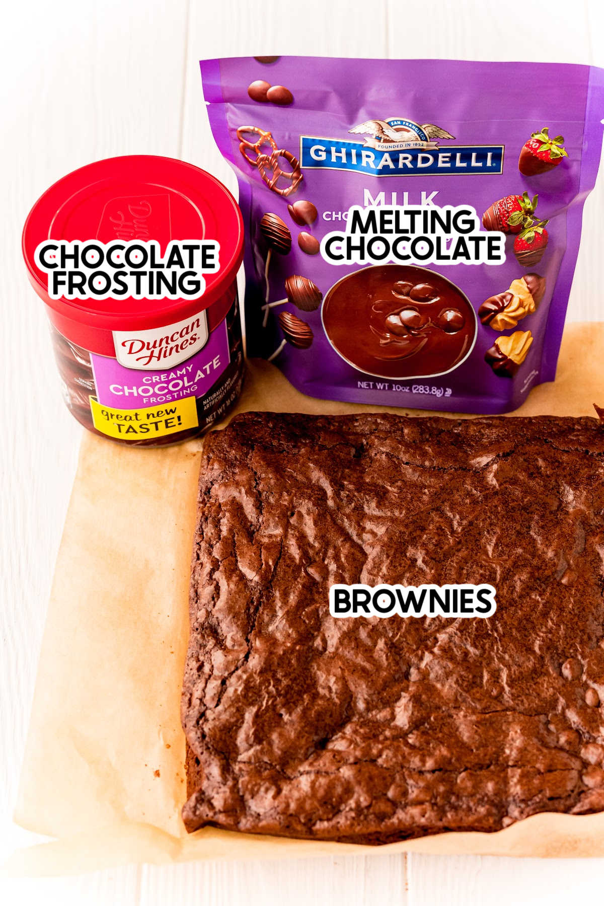 Ingredients needed to make brownie balls with labels