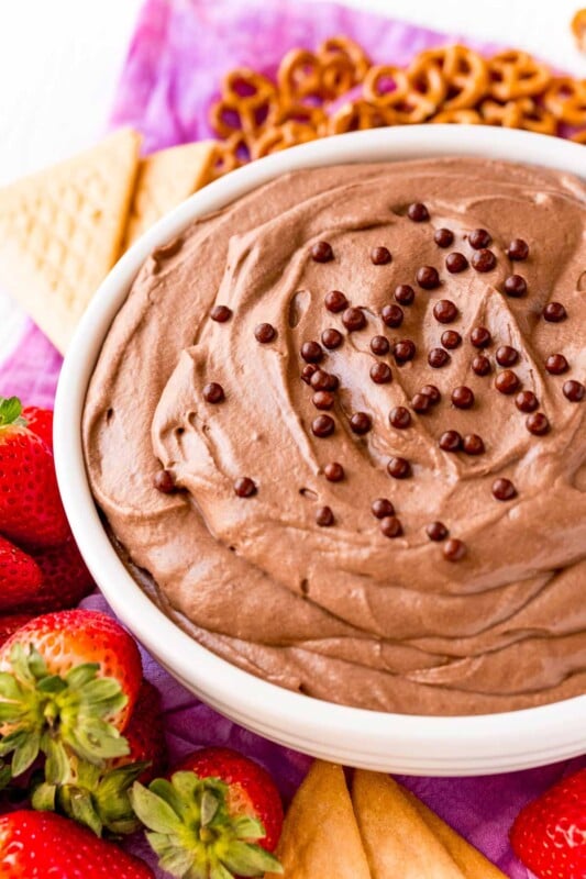 Brownie batter dip in a white bowl