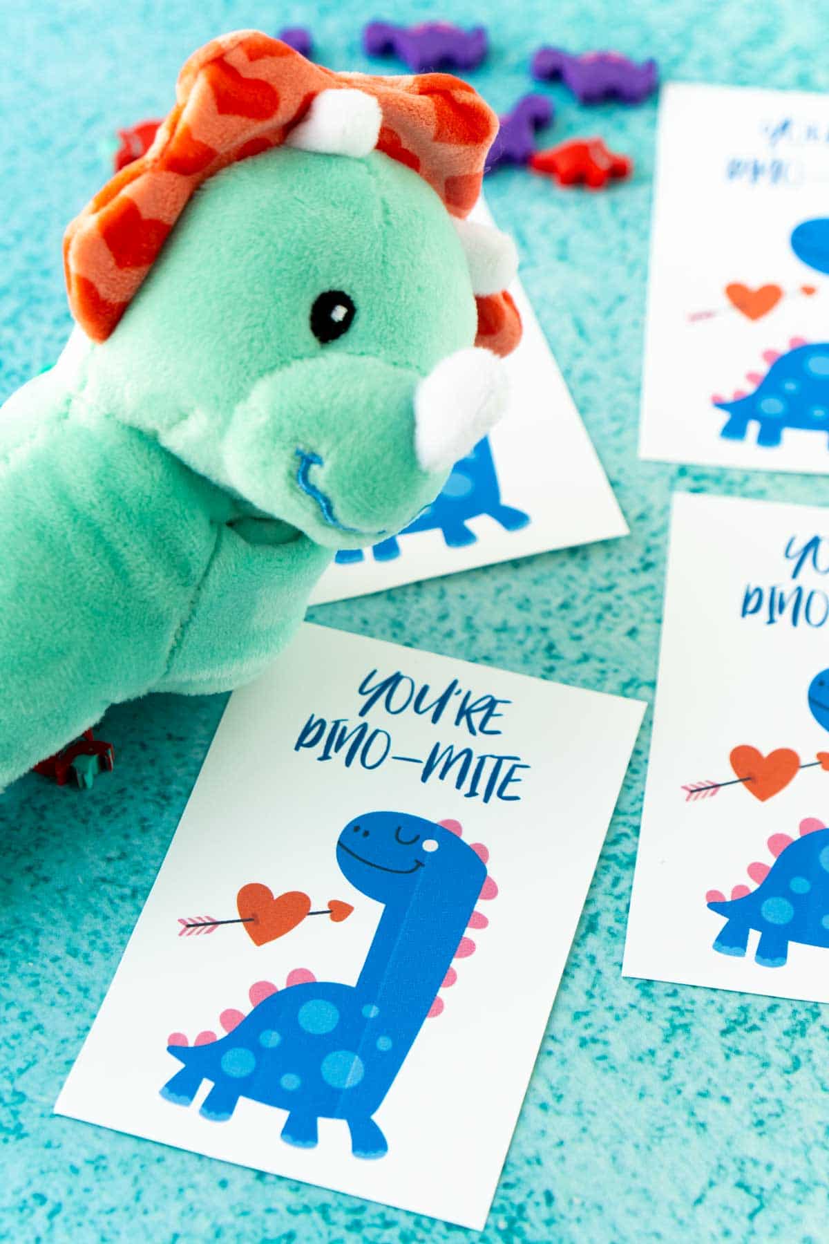Dinosaur valentines with a stuffed dinosaur