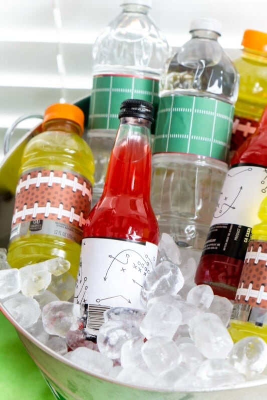Ice bucket with drinks wrapped in football printables