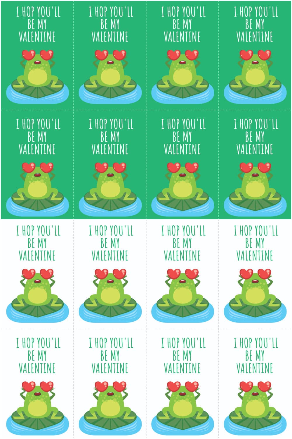 Frog valentine cards with a white background or green background