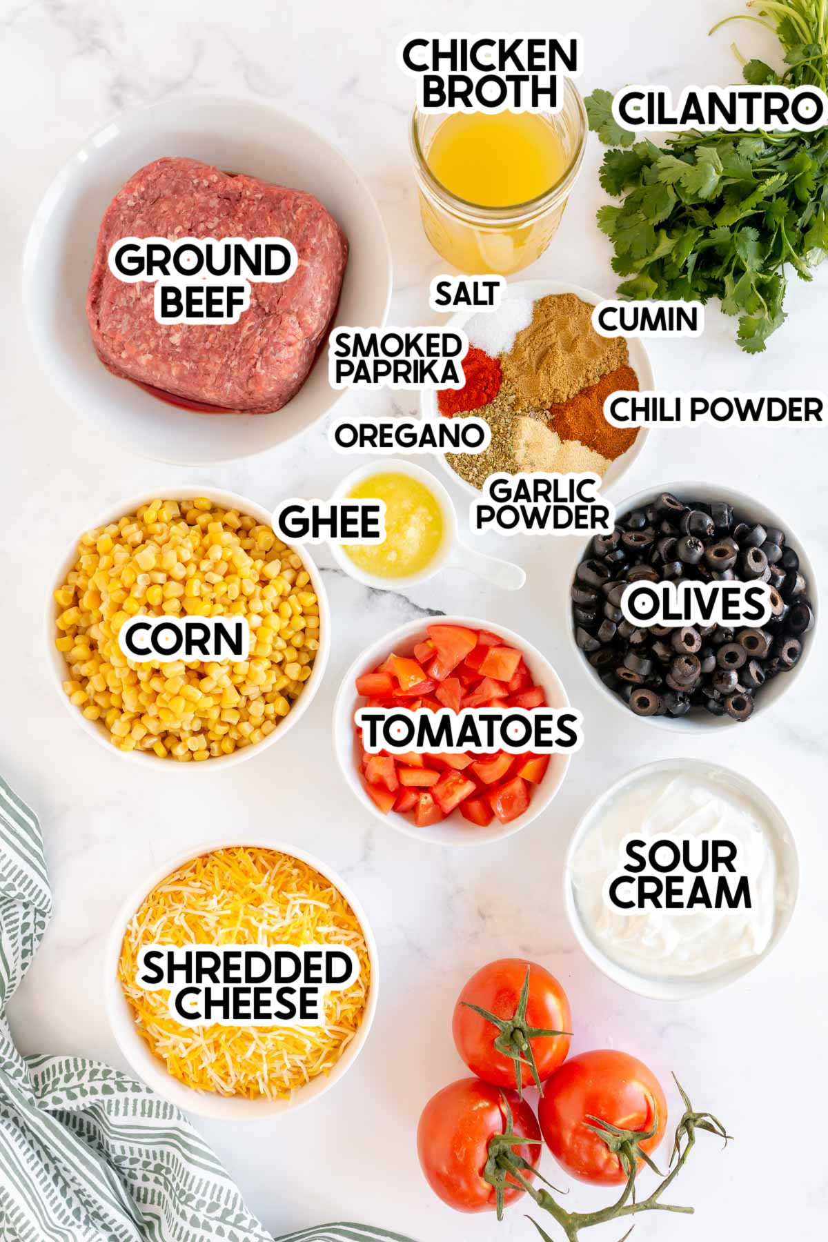 ingredients needed to make taco dip with labels