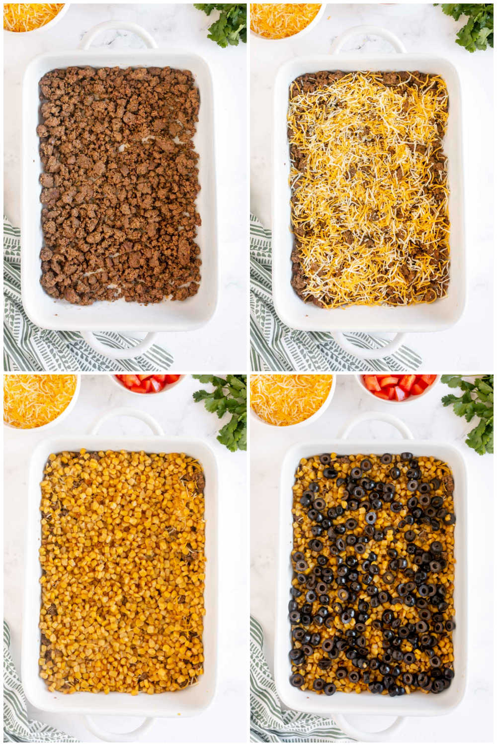 Baking sheet with step by step taco dip photos