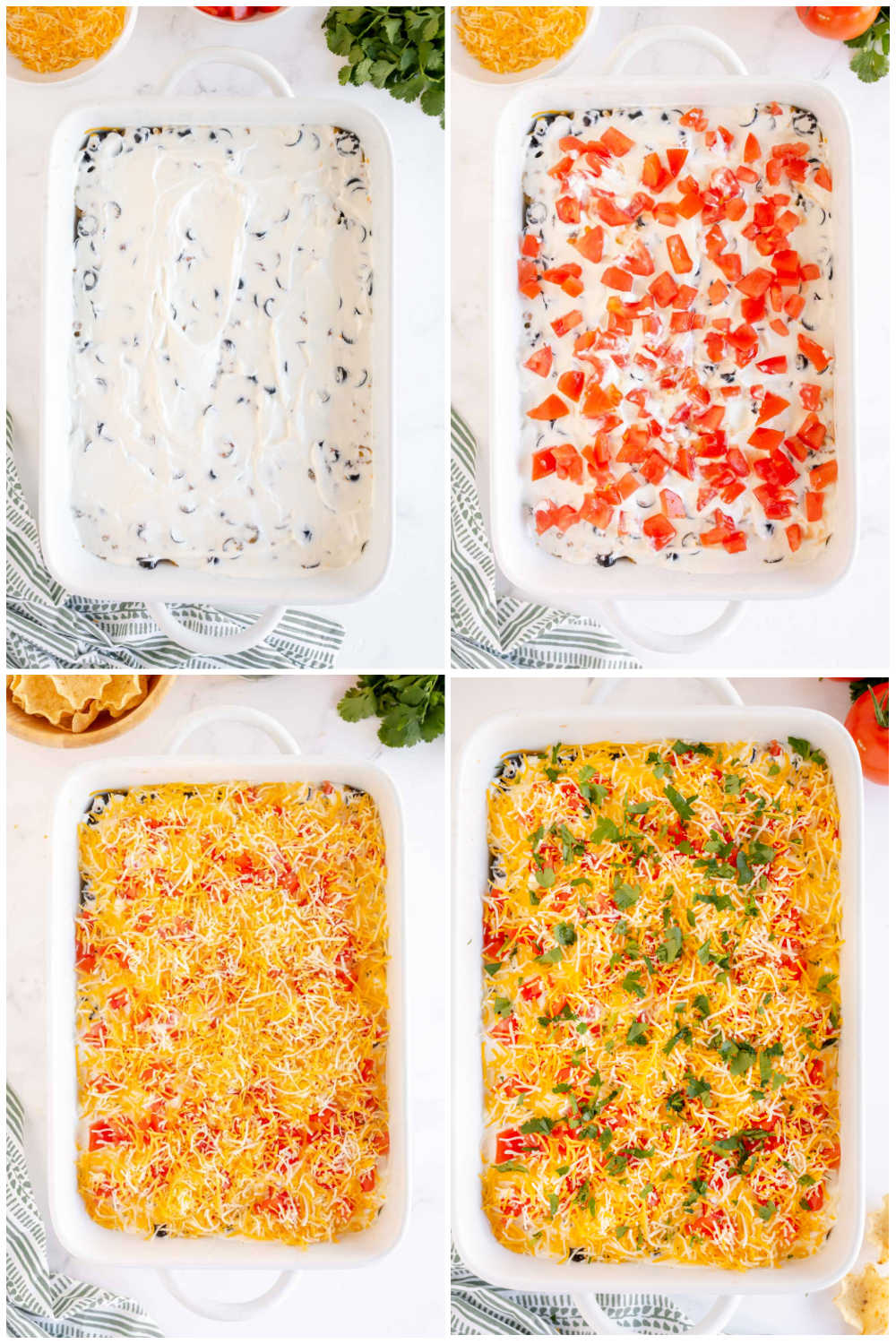 Baking dish with step by step photos for taco dip
