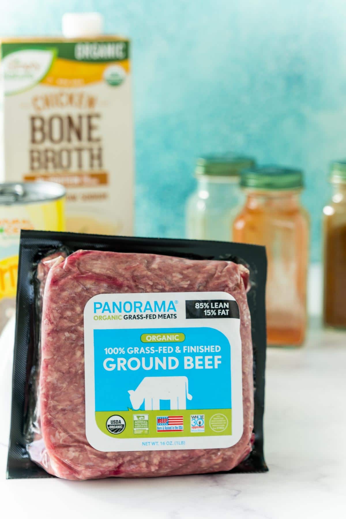 Panorama ground beef with spices in the background