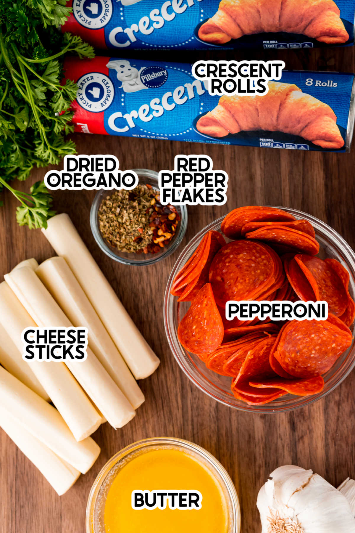 Ingredients needed for pizza roll ups with labels