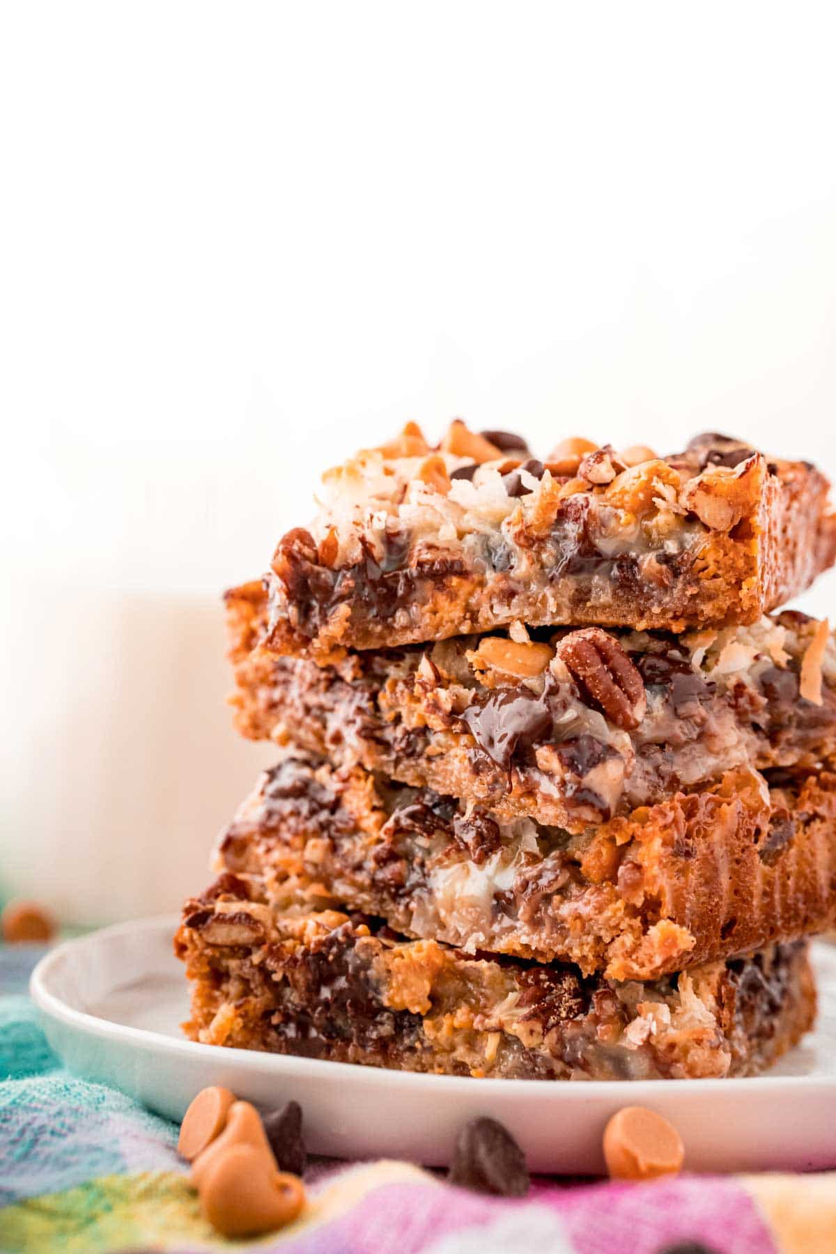 Close up photo of a stack of 7 layer bars