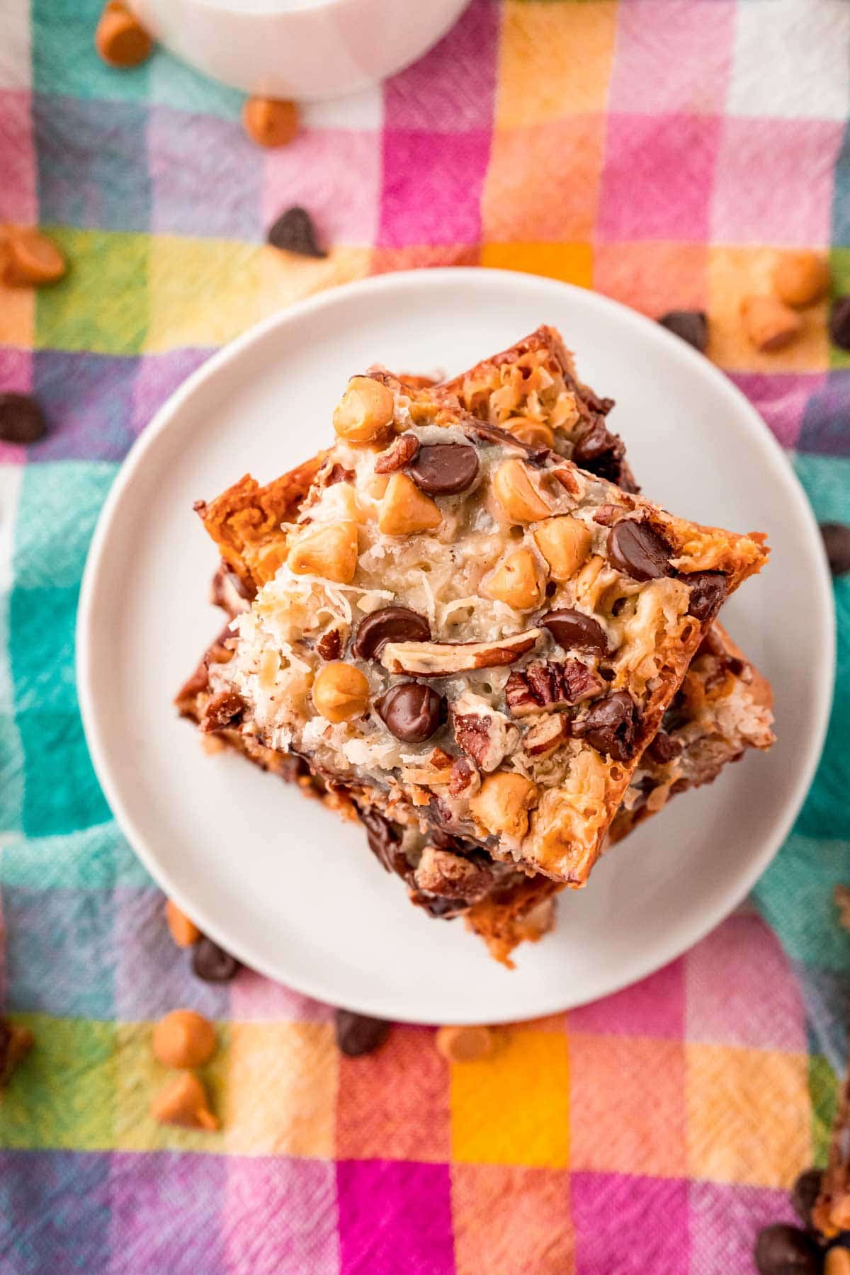 Top down photo of a stack of 7 layer bars