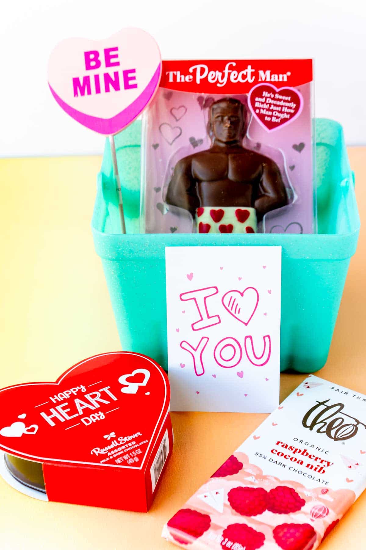 Valentine's Day gift basket for him with a perfect man inside