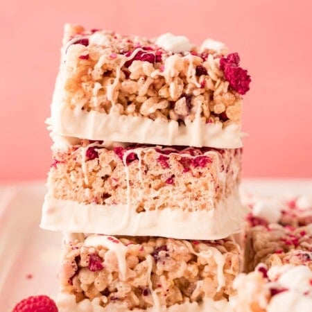 Stacked white chocolate dipped rice krispie treats