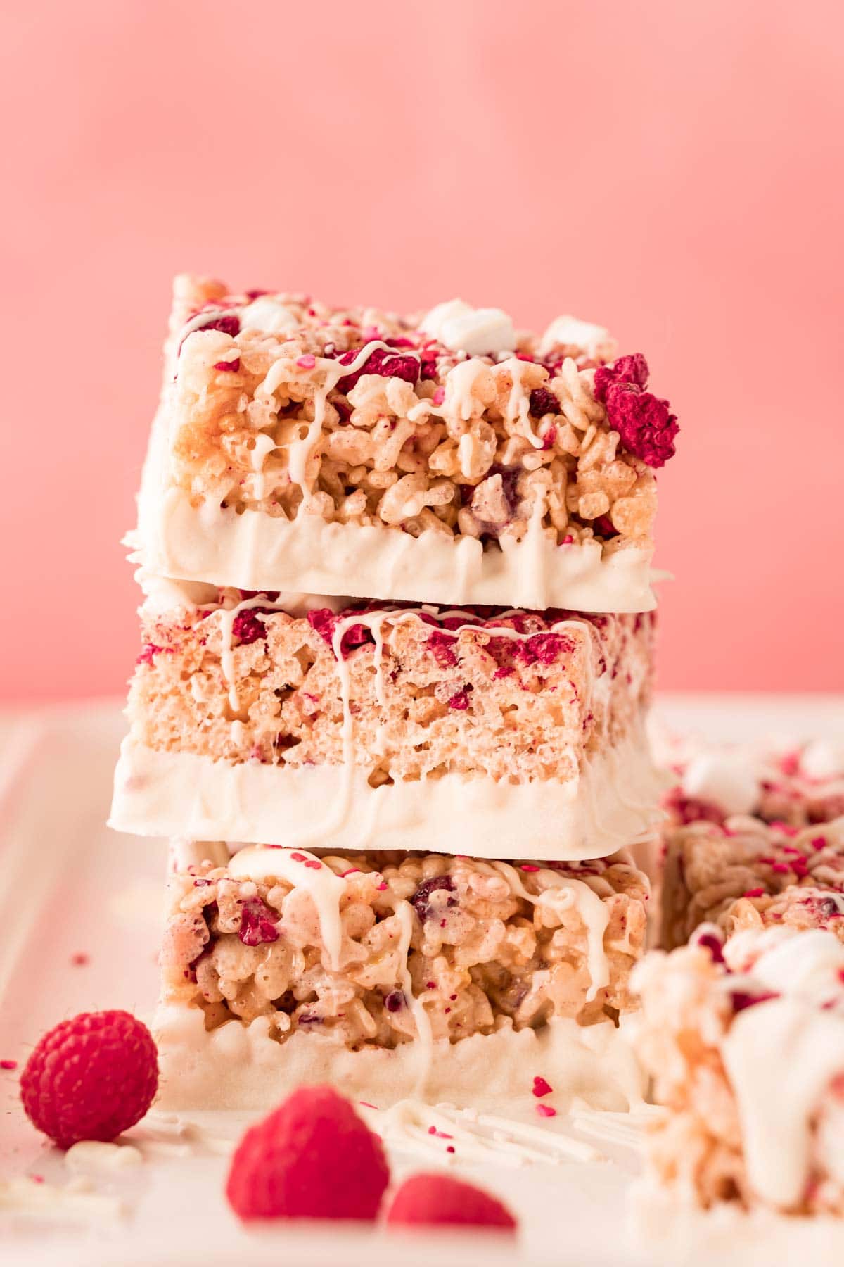 Stacked white chocolate dipped rice krispie treats