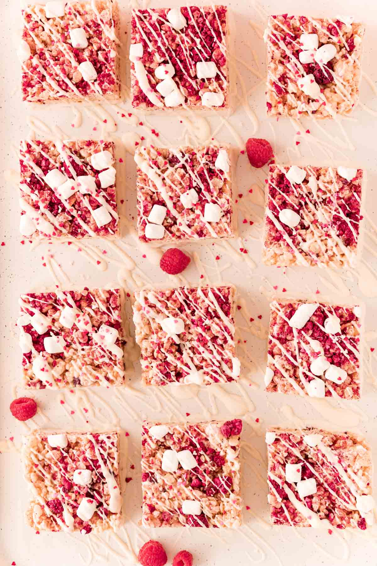 Valentines rice krispie treats on a piece of parchment paper