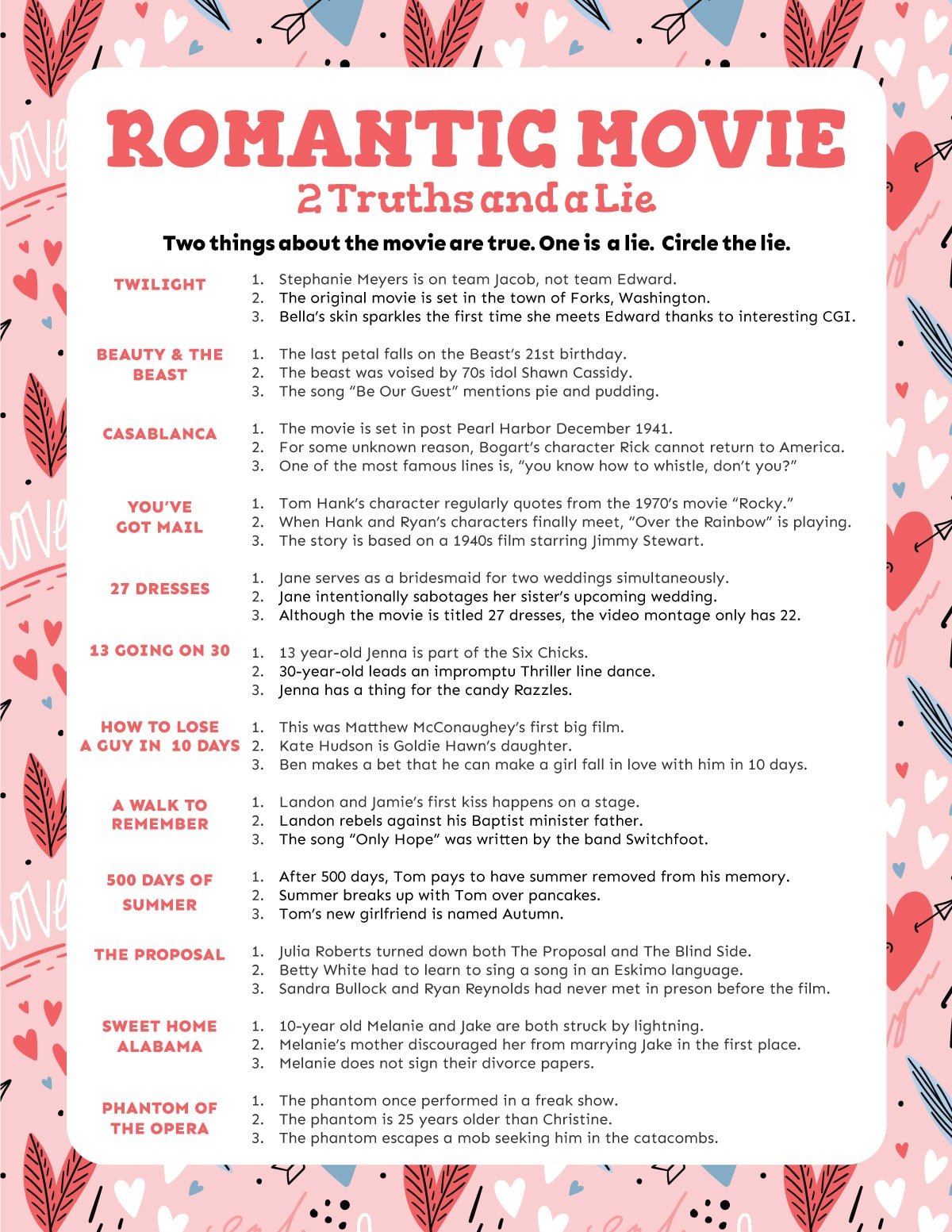 Printed out movie two truths and a lie game