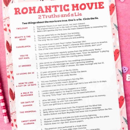Printed out romantic two truths and a lie game