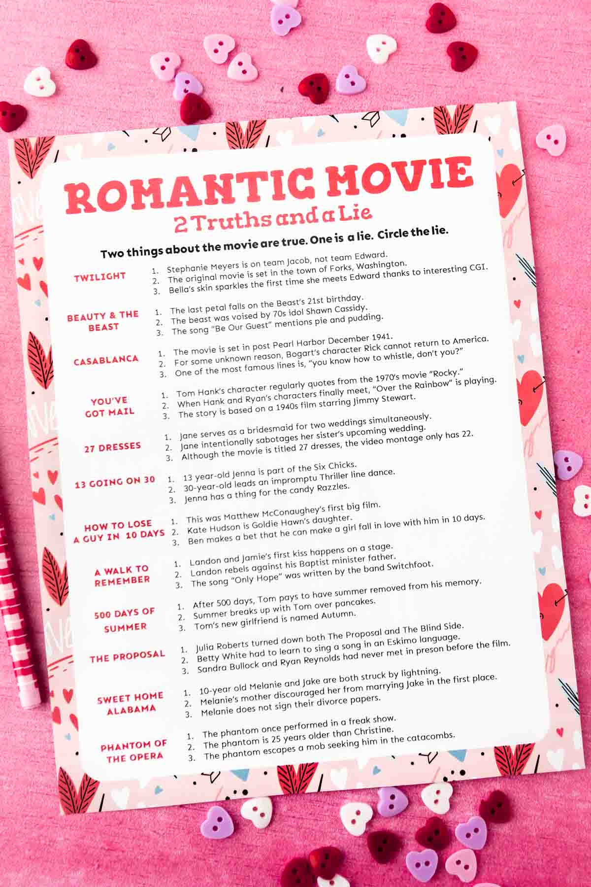 Printed out romantic two truths and a lie game