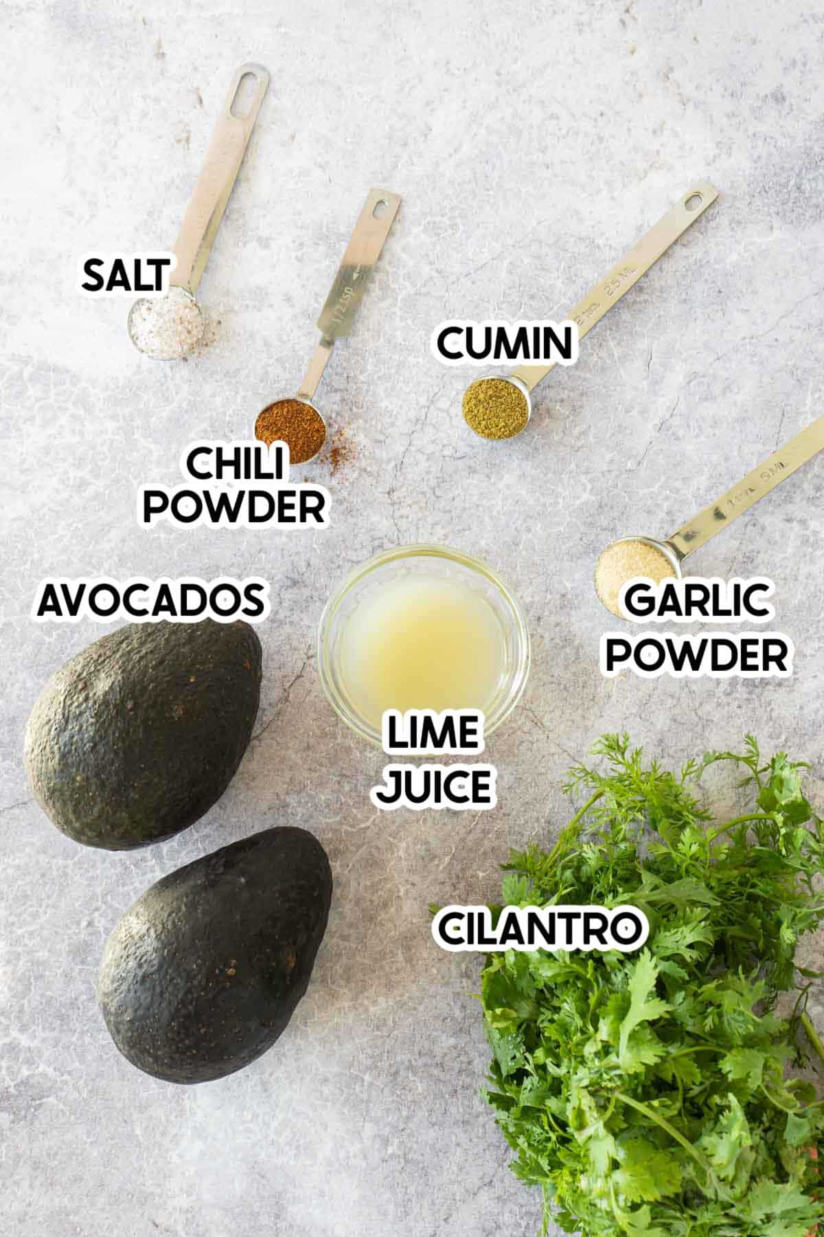 ingredients for homemade guacamole with labels