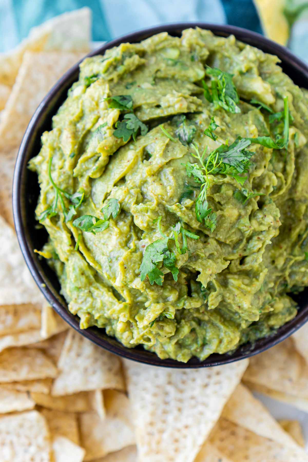 Top down shot of a bowl of guacamole 