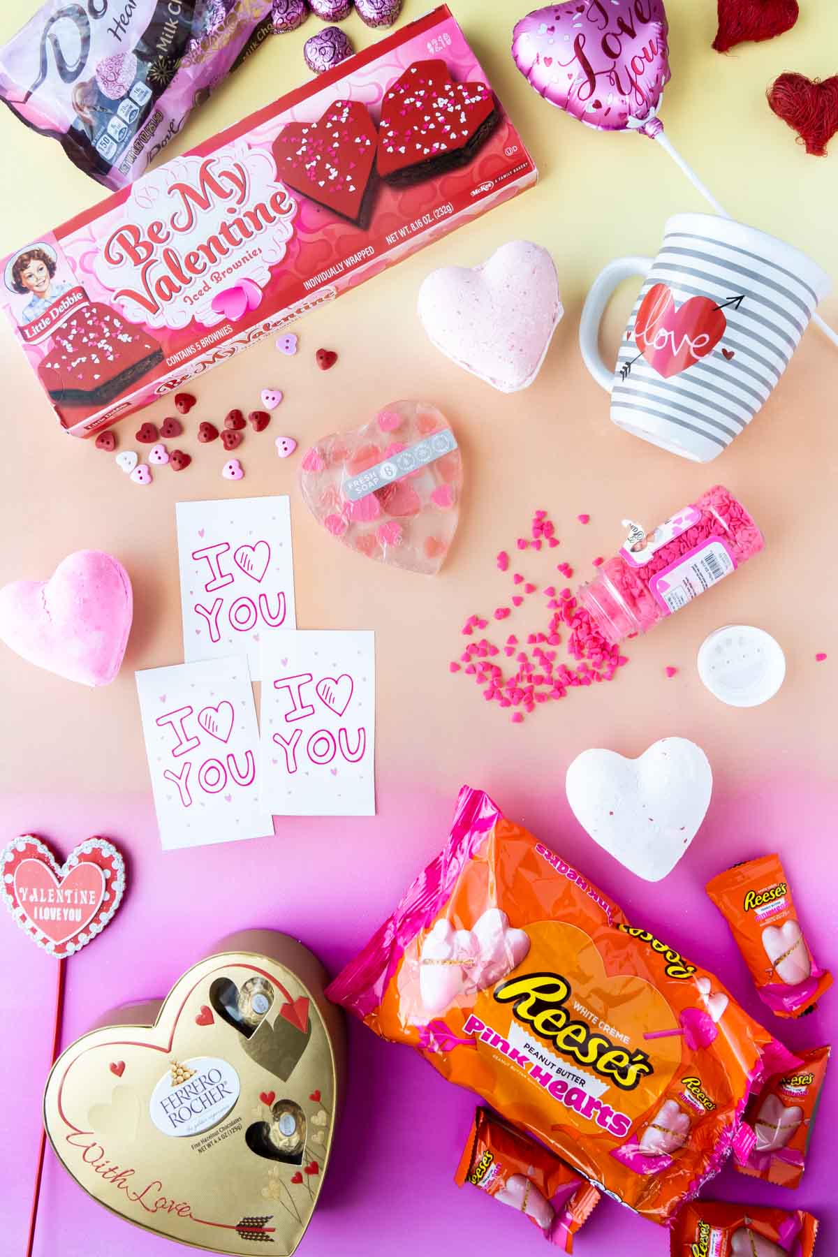 Flat lay of Valentine's Day gift items