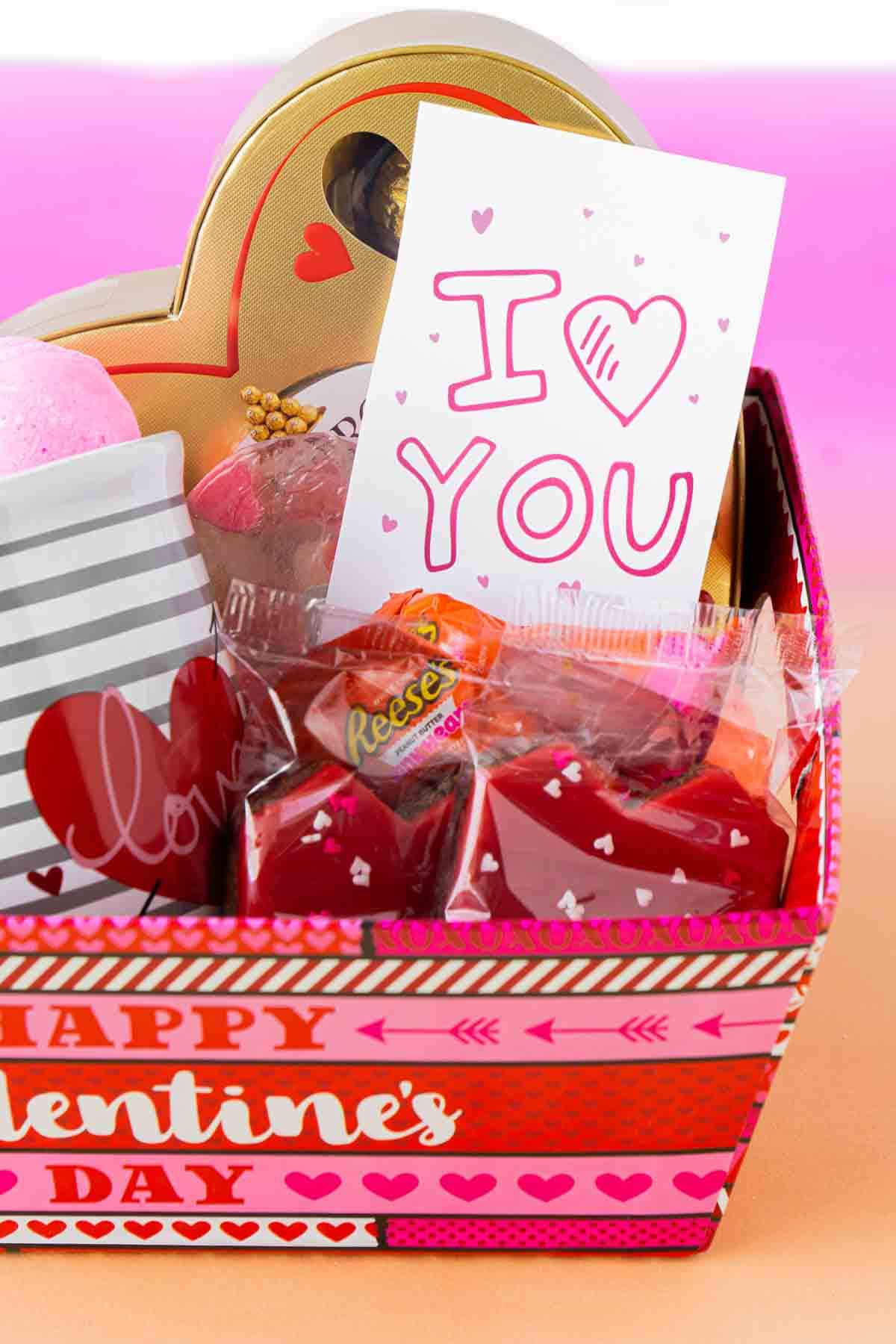 Valentines Day basket with a gift tag inside