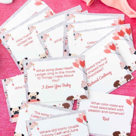 Valentines trivia cards in a pile