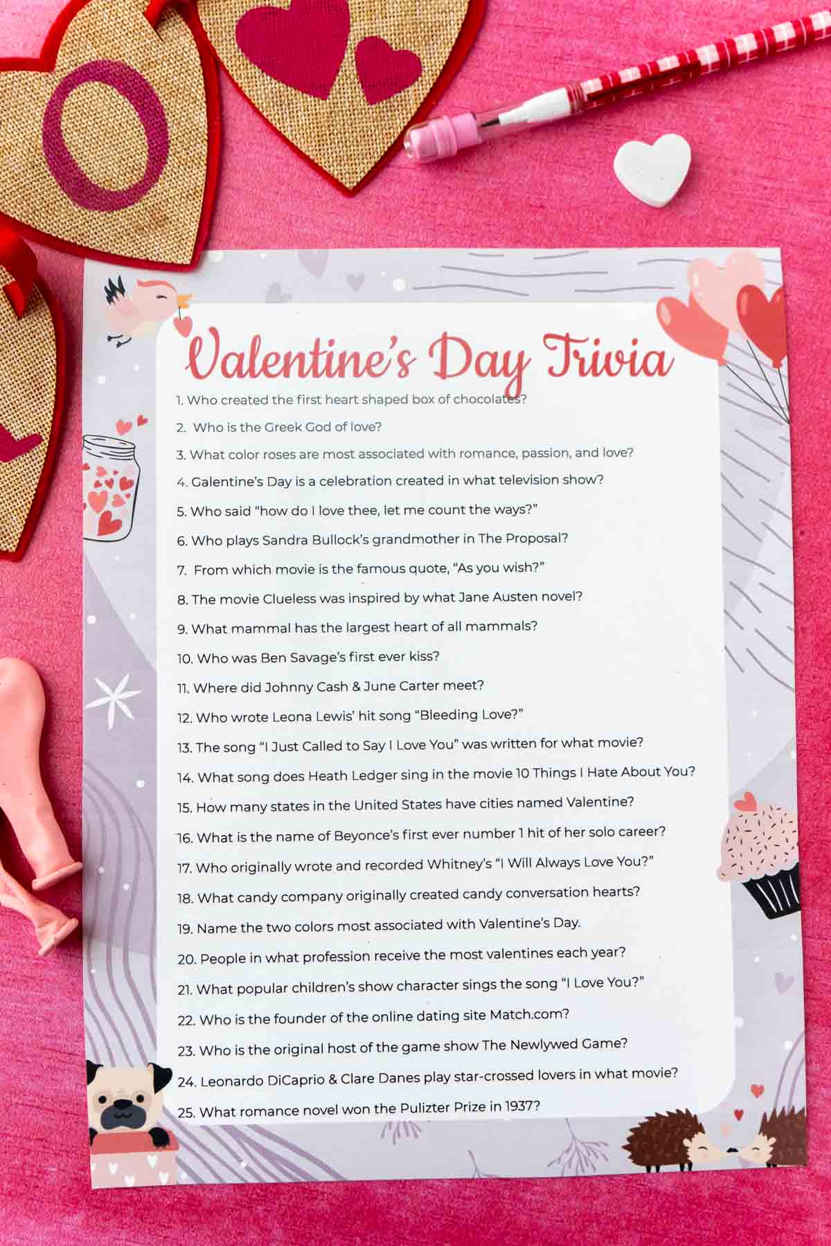 Printed out Valentines trivia game