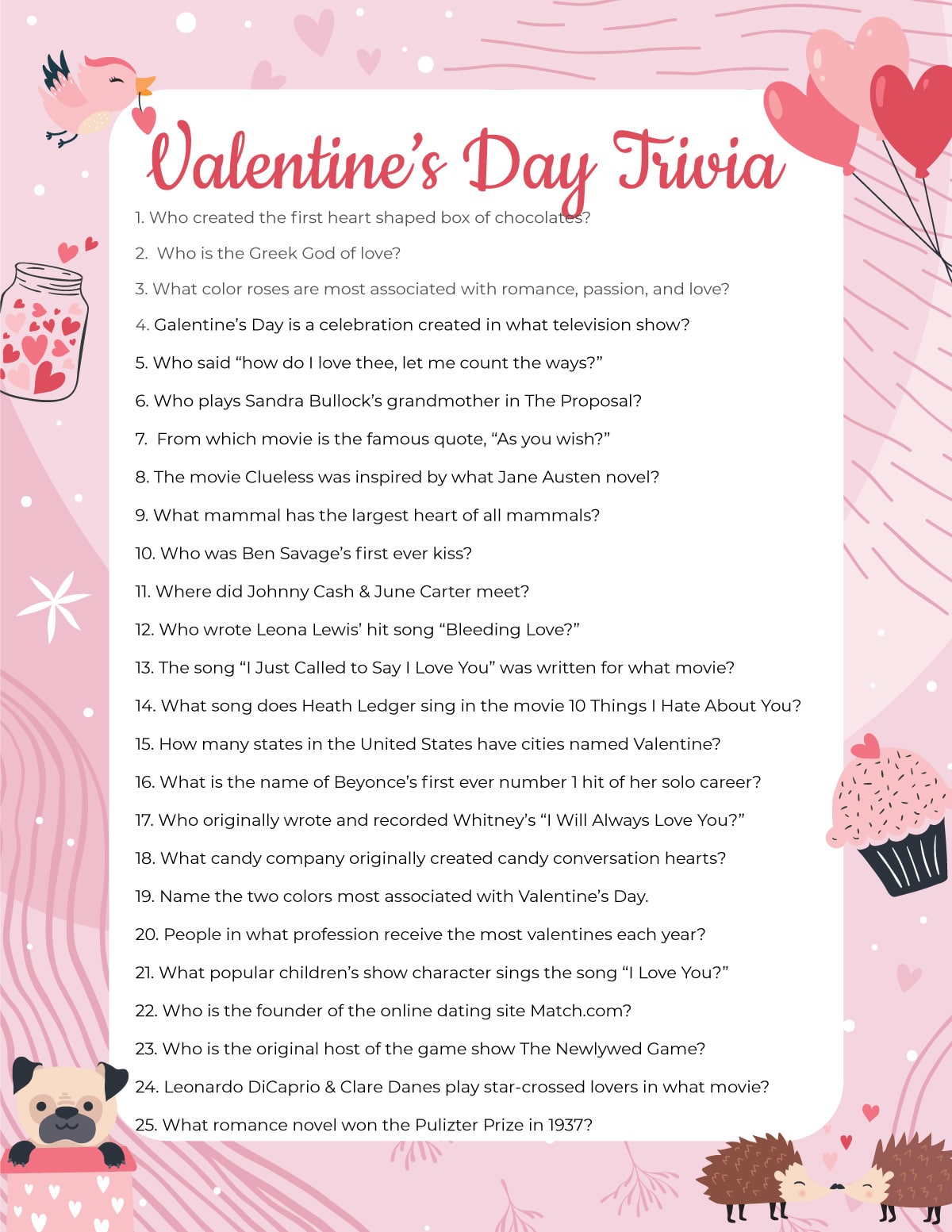 Valentines Day trivia game printable