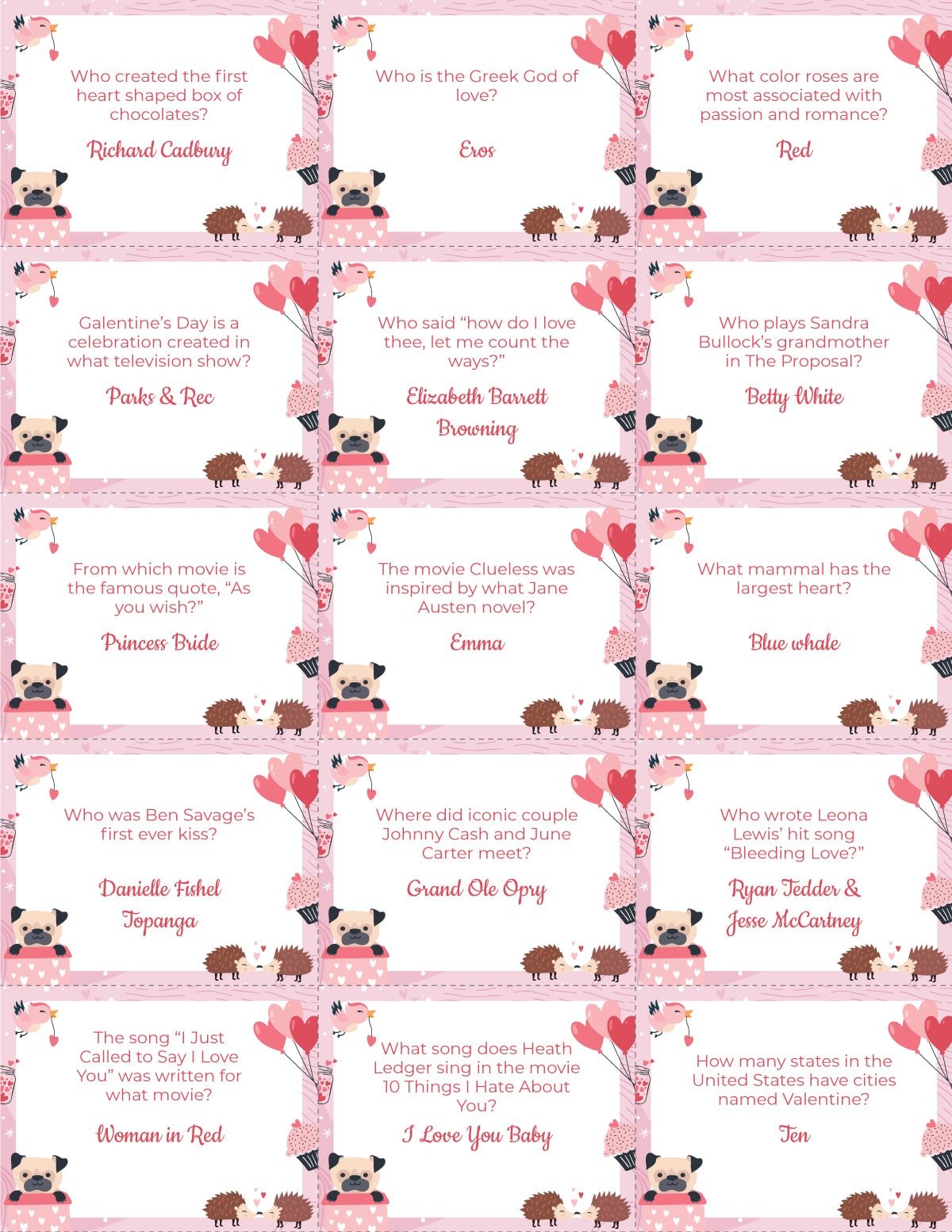 Valentines trivia question cards