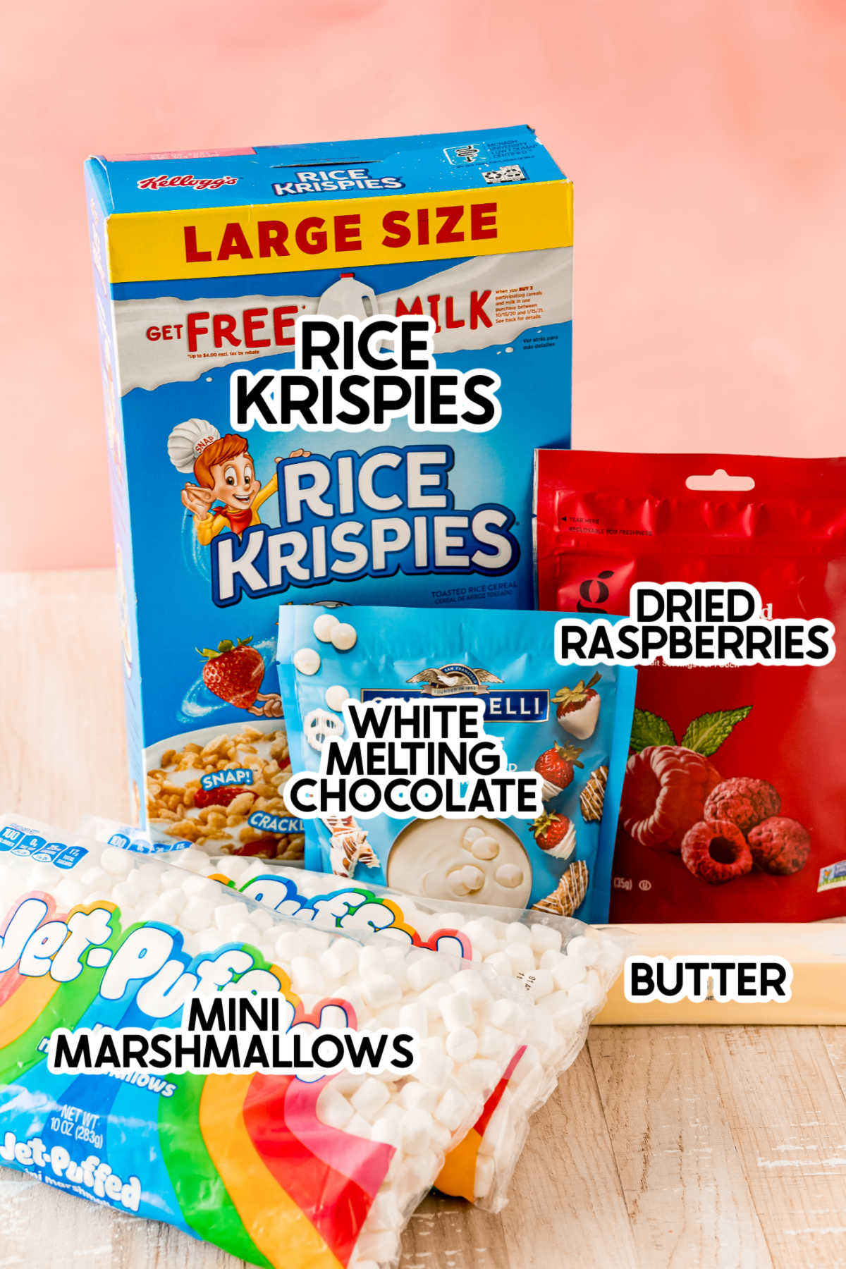 Ingredients for chocolate dipped rice krispie treats with labels