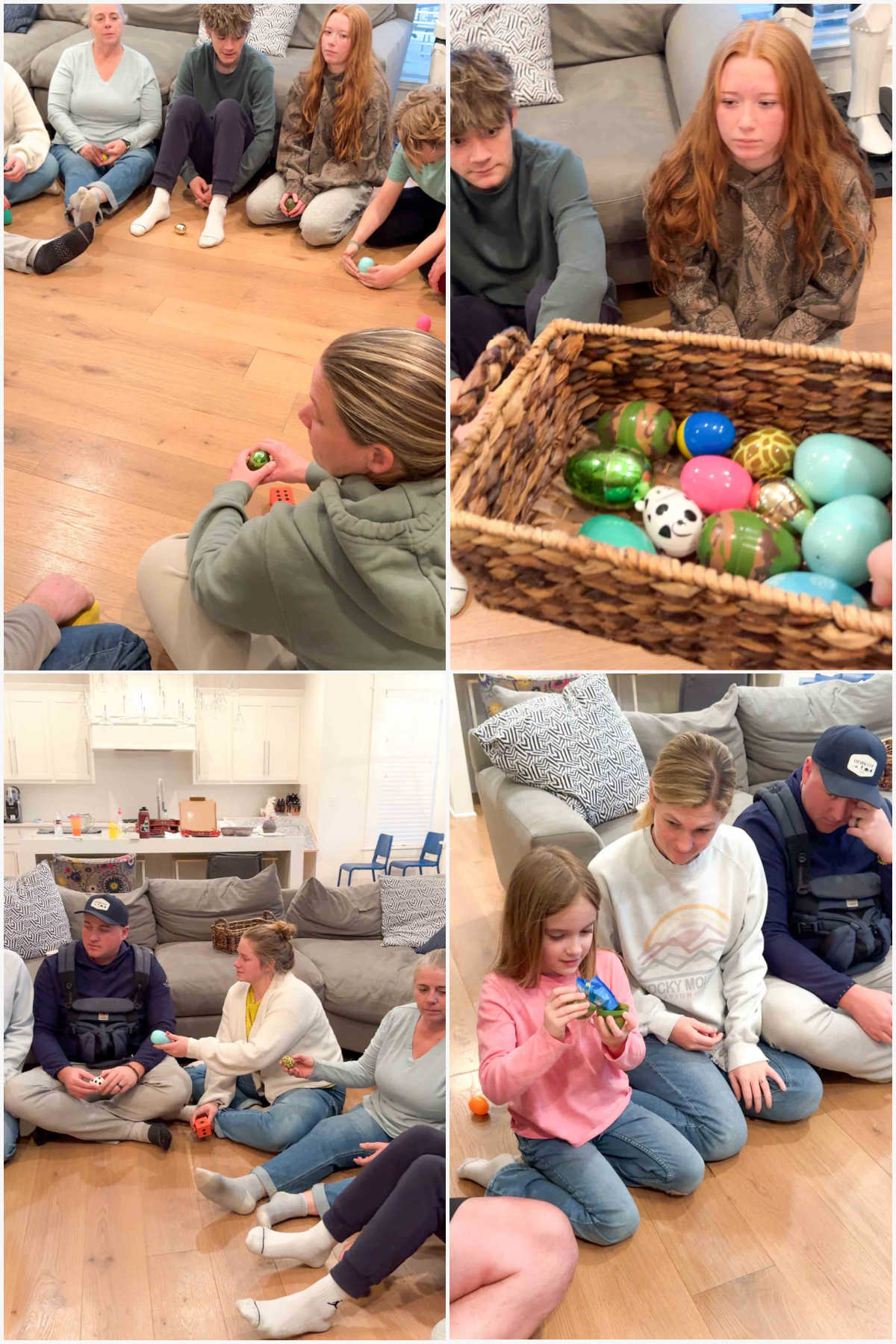 four images showing playing an Easter dice game