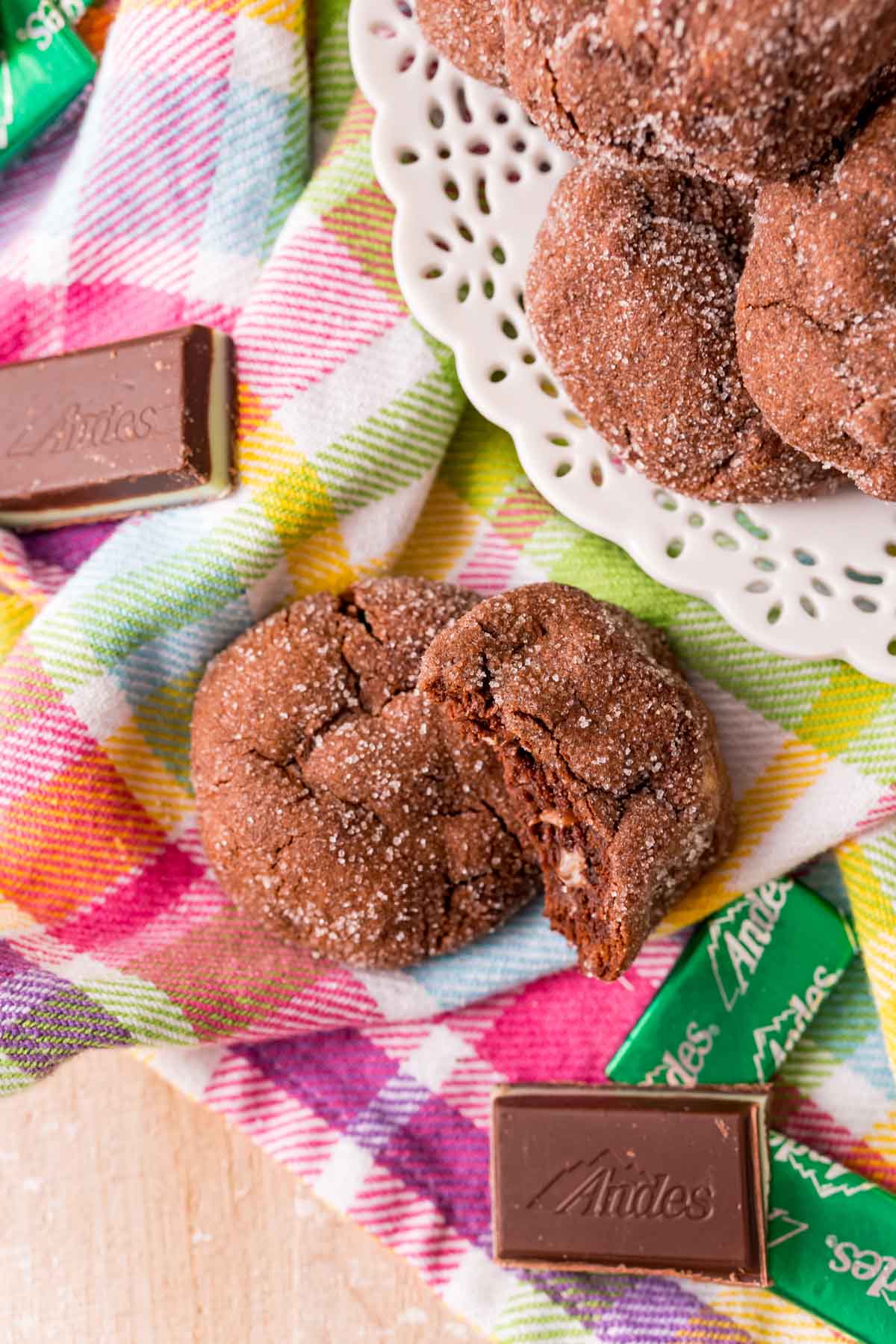 Small plate of Andes Mint cookies with a colorful napkin