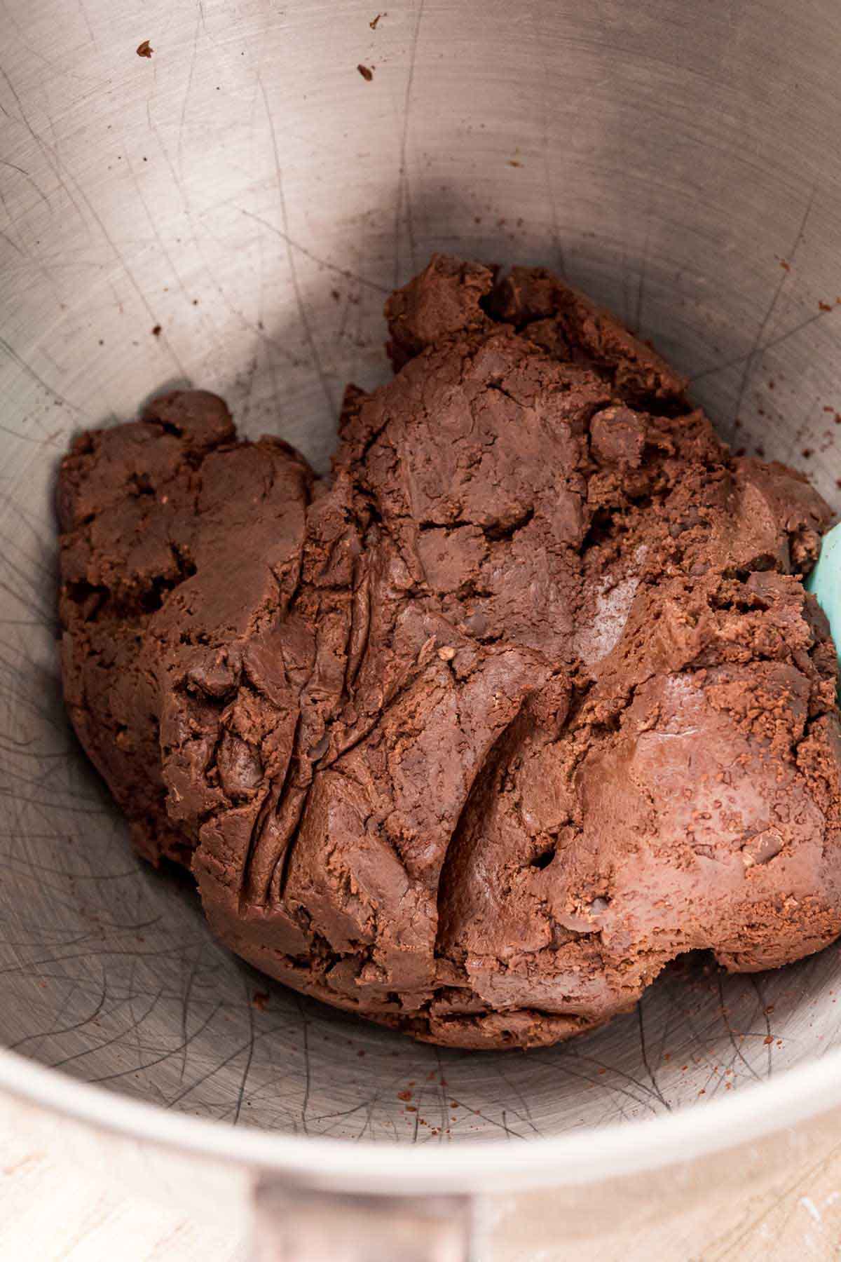 Andes mint cookie dough in a metal bowl