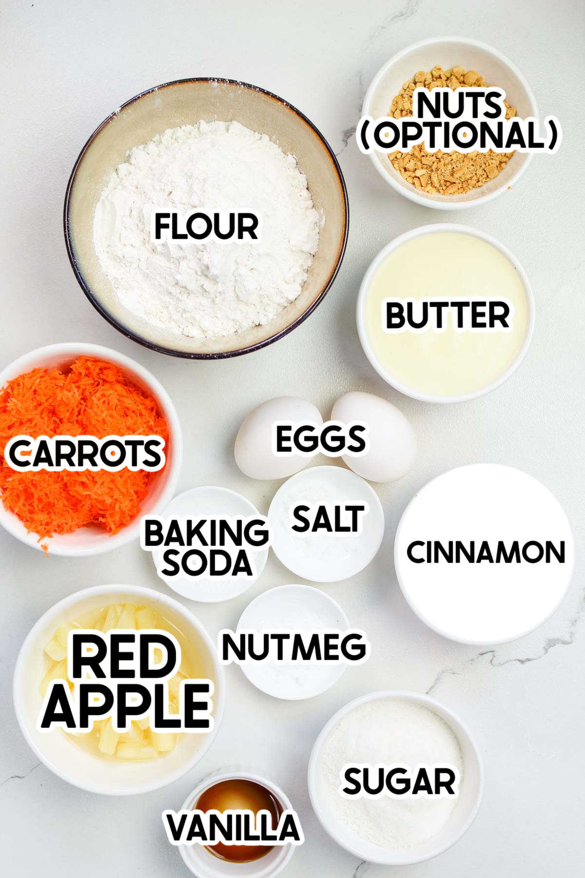 ingredients needed to make carrot cake with labels on top