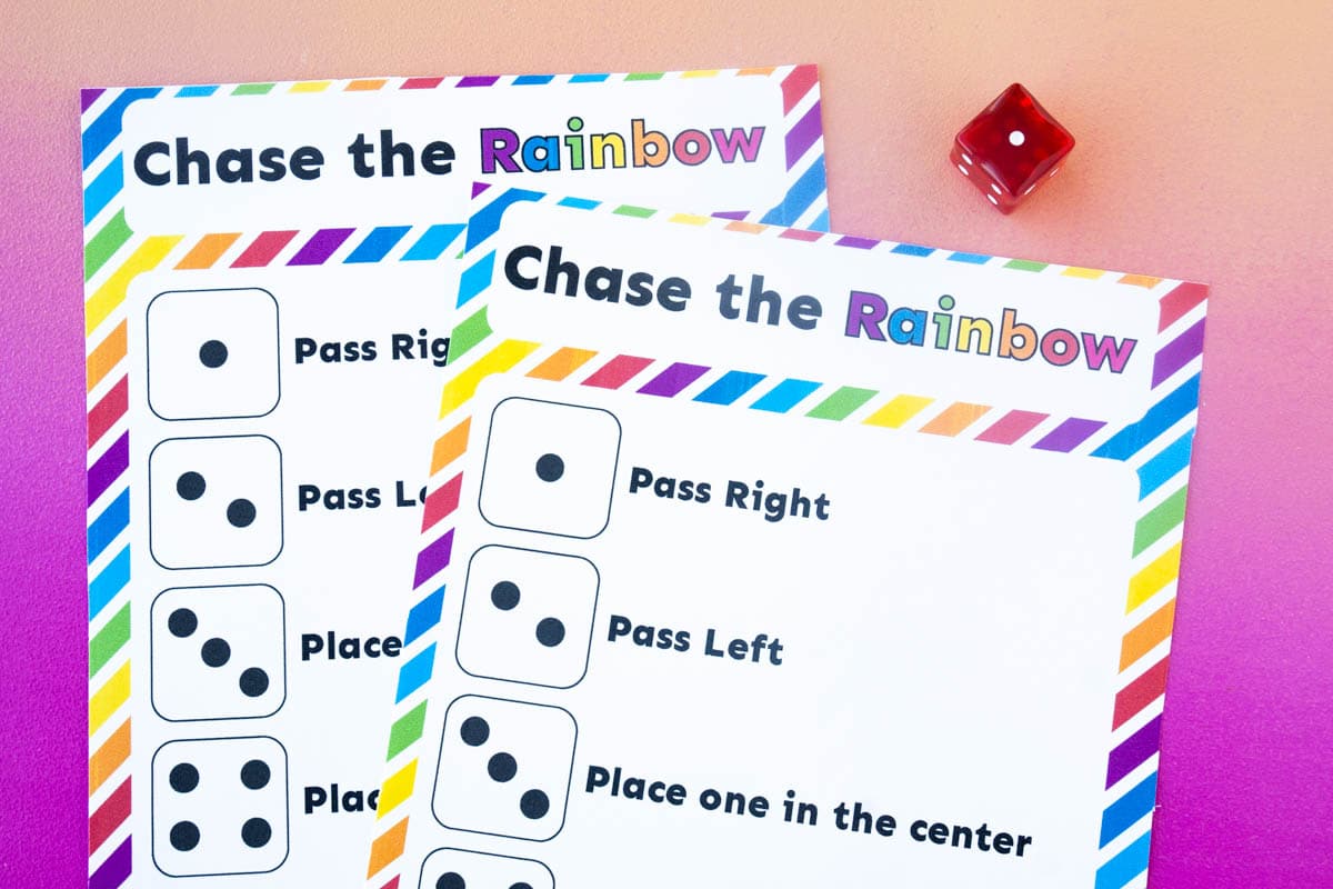 Skittles dice game cards with a dice