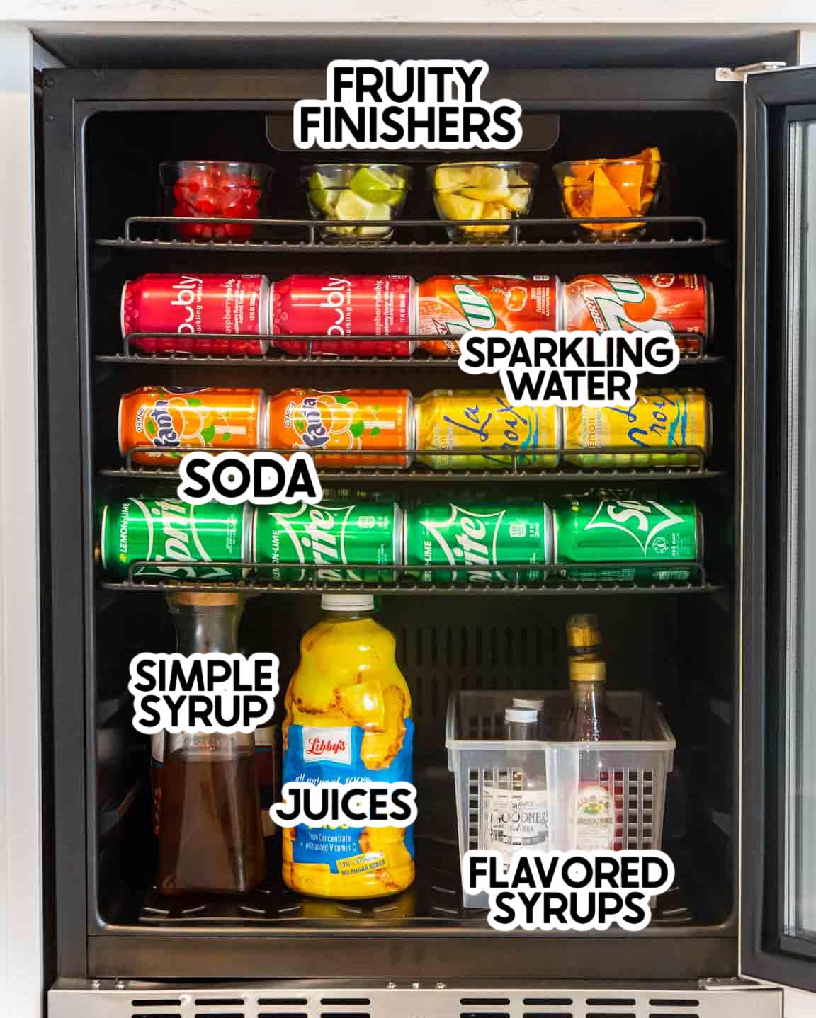 Items in a beverage fridge with labels