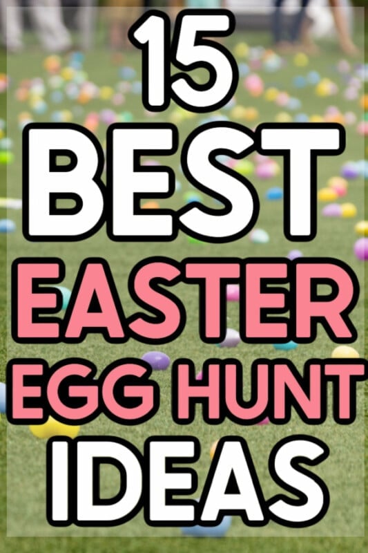 Easter egg hunt setup with text overlaid