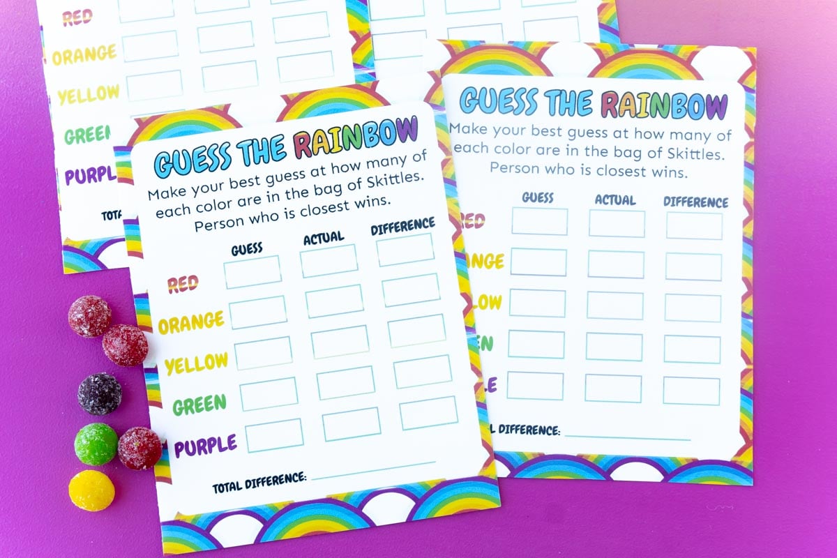Printed out guess the rainbow game with Skittles