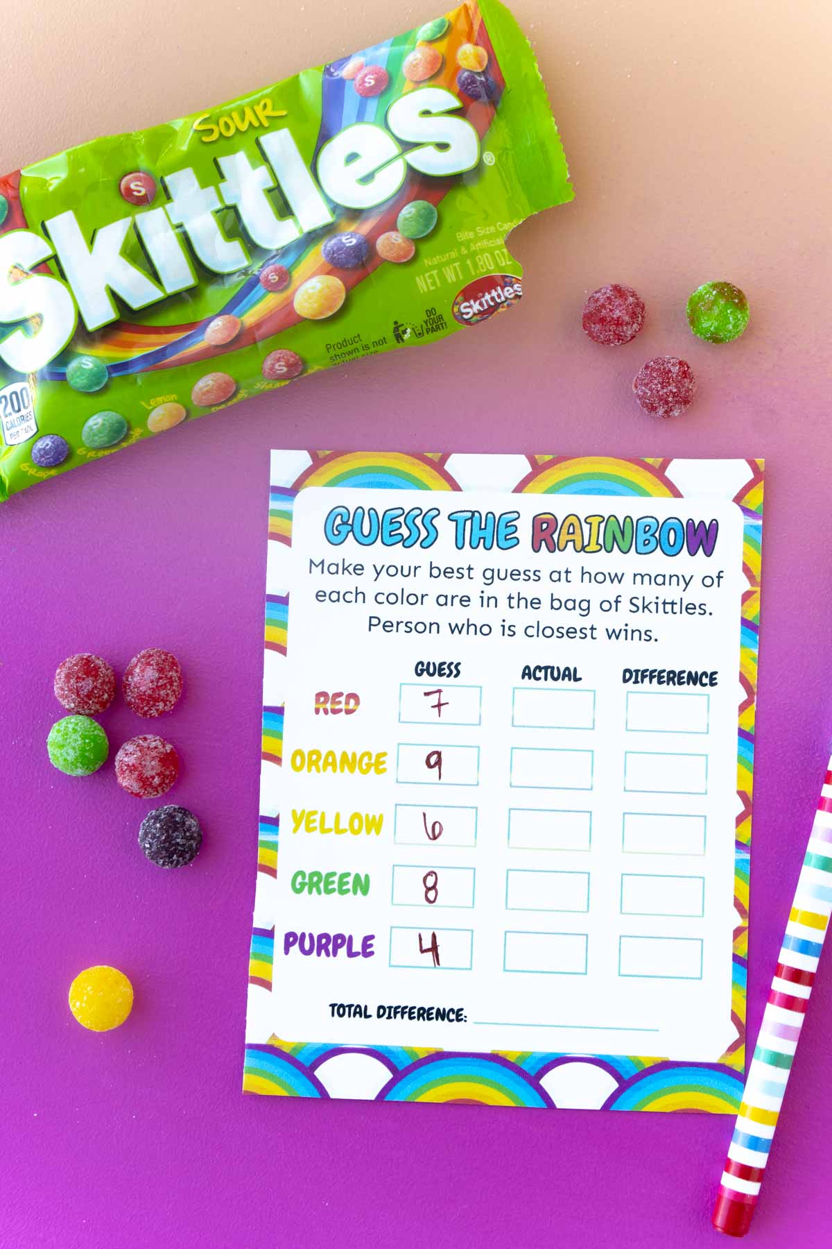 Guess the rainbow card with Skittles sorted around