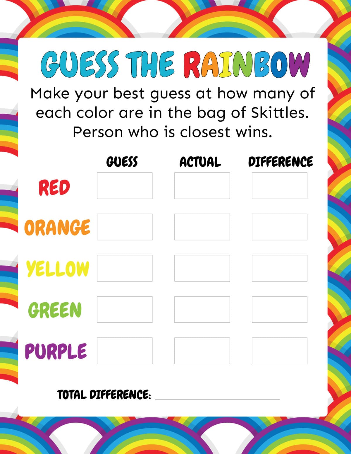 Printed out guess the rainbow game