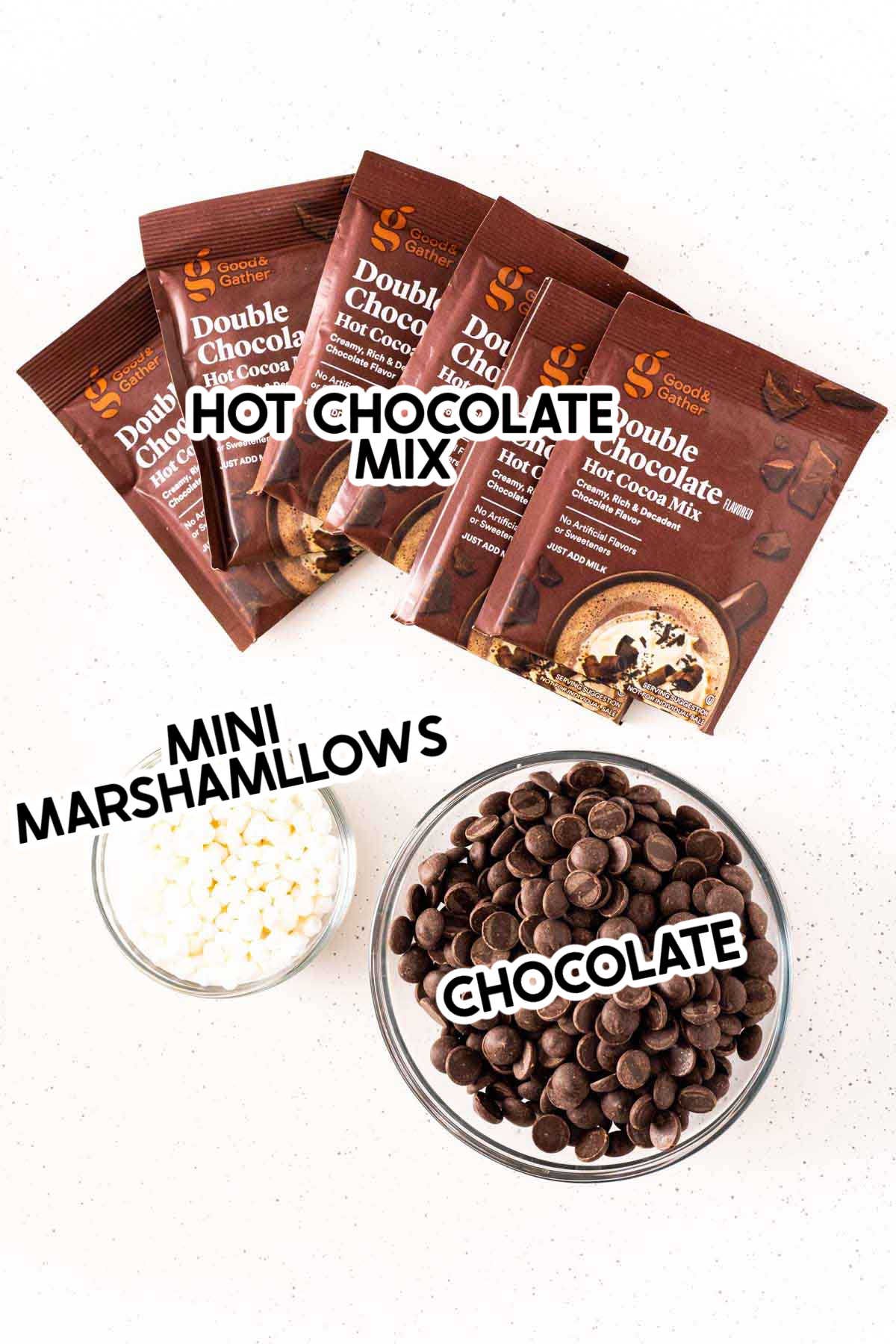 Ingredients for hot chocolate bombs with labels