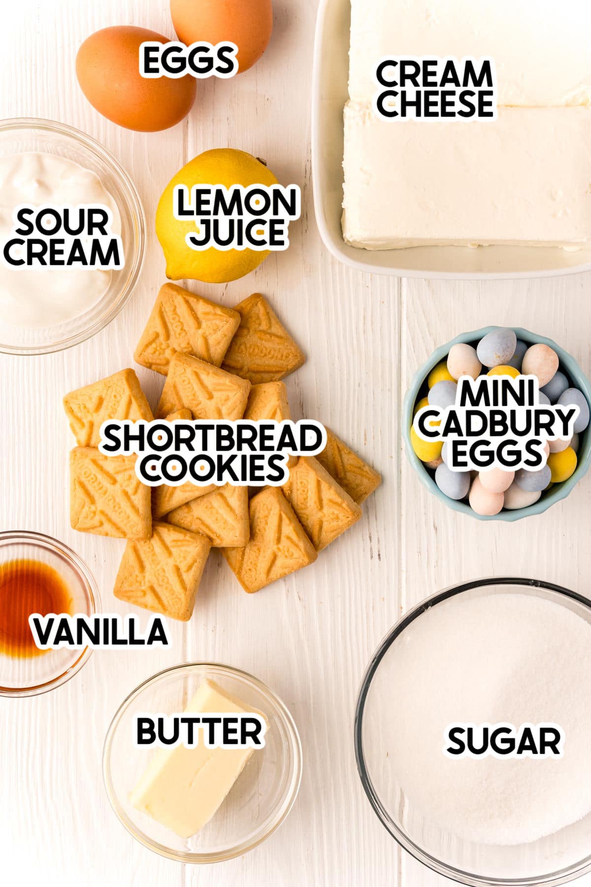 ingredients needed to make mini egg cheesecake with labels