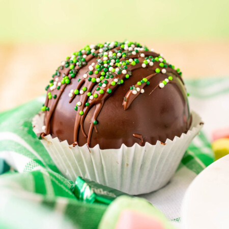 mint hot chocolate bomb in a white cupcake liner