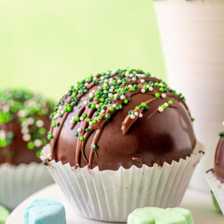 Mint hot chocolate bombs with Andes mints around