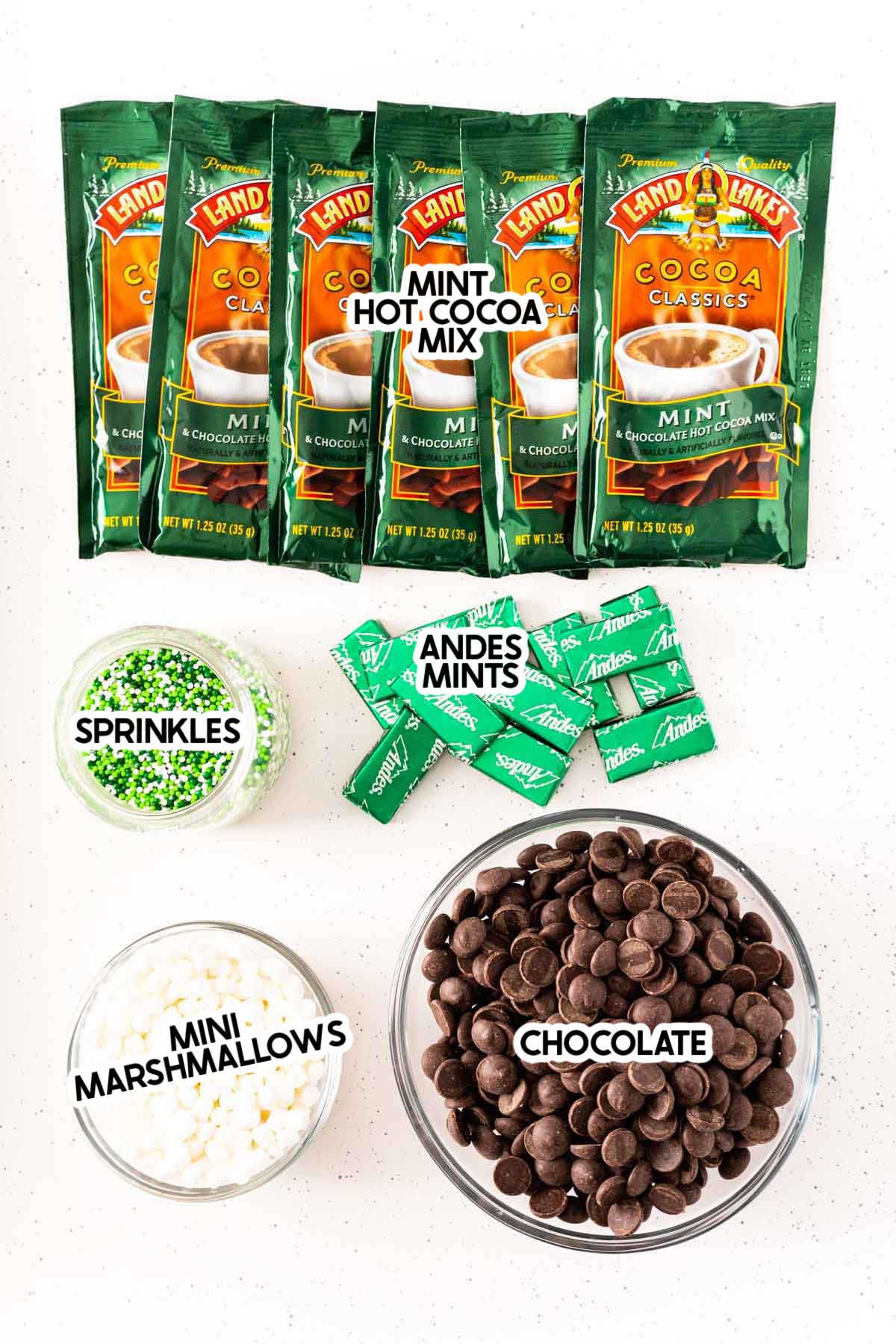 Ingredients needed for mint hot chocolate bombs with labels