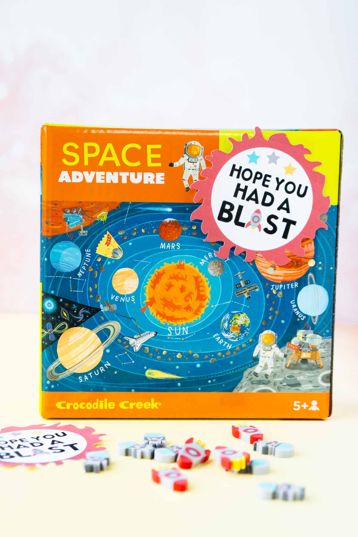 Space puzzle with a space party favor tag